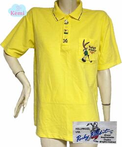 【Rocky rabbit】ロッキーラビット イエロー ゴルフウエア メンズ トップス レトロ キャラクター 刺繍 Lサイズ ポロシャツ 半袖