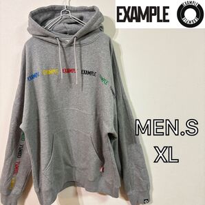 【EXAMPLE】ラインロゴプルオーバーパーカー メンズXL グレー エグザンプル フーディー