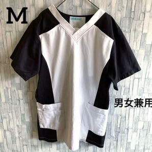 KAZEN 医療用スクラブ M 男女兼用 ホワイト×ブラック バイカラー