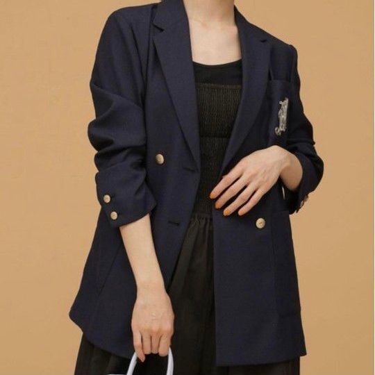 未使用級 ナノユニバース 紺ブレ ジャッケット エンブレム刺繍 ダブル テーラードジャケット NANO nano universe