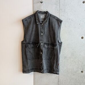 Java 綿100%ヴィンテージ加工デニムミリタリーベスト グレーブラック