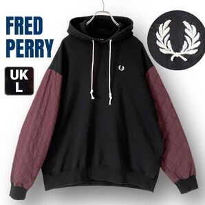 フレッドペリー FRED PERRY★スウェットxキルティングパーカー★プルオーバー★ワンポイントロゴ刺繍★ブラック★UKメンズL