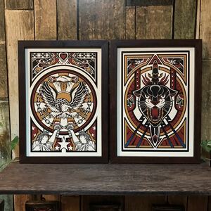  original ta toe illustration tattoo 2 pieces set B5 size frame attaching interior art frame antique american 