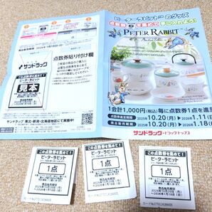 サンドラッグ ピーターラビット グッズ交換点数券 3点 と台紙1枚