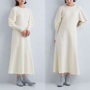 美品 1.4万 ボイル ウール フィット&フレア ワンピース ロング ホワイト系 ウール100%