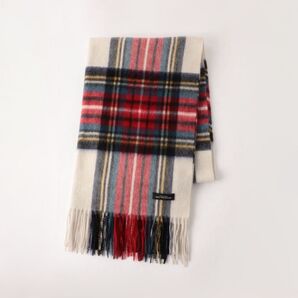 美品 ウール チェック ストール 赤 ホワイト 大判 ウール100%