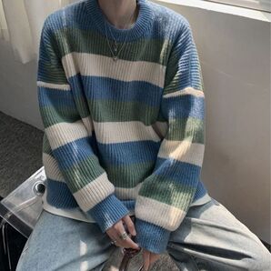 マルチボーダー ビッグシルエット プルオーバーニット グリーン M