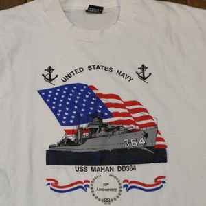 90s USA製 US.NAVY USS MAHAN DD364 Tシャツ XL ホワイト 軍艦 アメリカ 海軍 ミリタリー 星条旗 船 アンカー イラスト ヴィンテージ