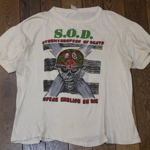 80s S.O.D Speak English Or Die Tシャツ Fist Banging Mania ホワイト エスオーディー ロゴ メタル バンド ロック ヴィンテージ