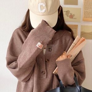 Java ニットカーディガン ブラウン ヘンリーネック