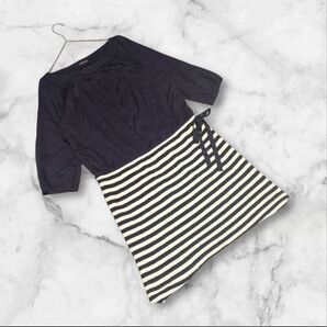 【インディヴィ】INDIVI(40)ワンピース ドッキング ボートネック ボーダー柄 シャツ ニット 異素材 コットン