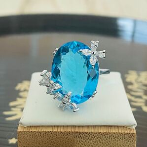 『最高最上級カラー』 希少品プラチナ 大粒アクアマリンリング フリーサイズ12号〜16号位 価格高騰中 注目 新品 贈答品