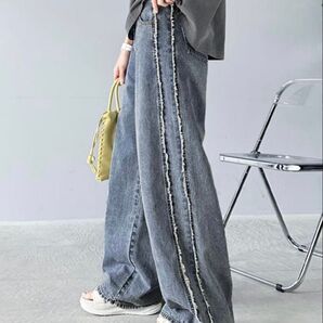 java サイドフリンジワイドルーズデニムパンツ デニム S