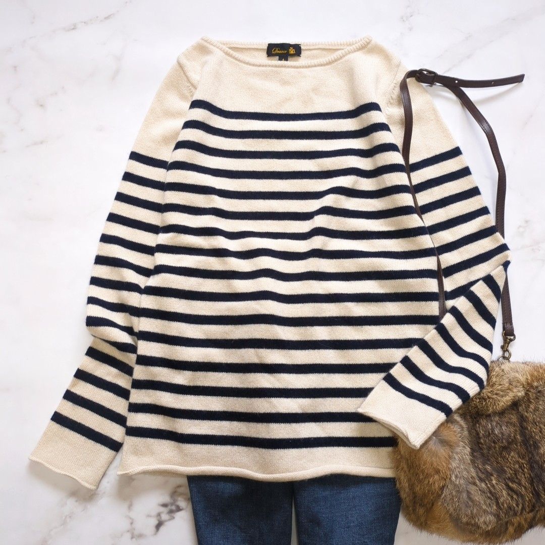 ドゥロワー Drawer カシミヤ99％ ボーダー ニット ネイビー ホワイト ウール S セーター 長袖