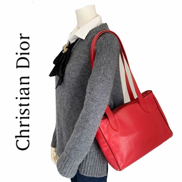 【送料込み】Christian Dior クリスチャンディオール　本革　レザー　赤　レッド　トートバッグ　CDロゴ　レディース