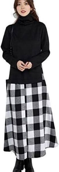 黒 タートルネック ニット ロングワンピース チェック柄 おしゃれ 海外 韓国風 Fサイズ 秋冬コーデ 大活躍 上品 ワンピ