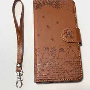 iPhone13 アイフォン スマホケース 手帳型 猫 革 花 蝶 明るい茶色 ストラップ付き