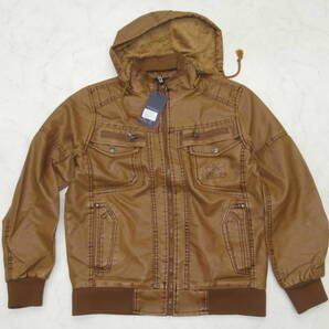 ツーリングの必需品!AOWOFSライダースジャケット未使用品 レザー ブラウン 合皮 M フード付き