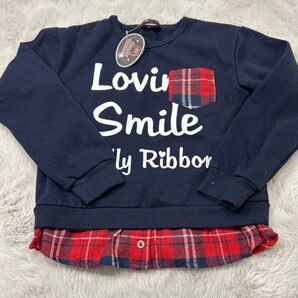 新品!キッズ子ども女の子トップス長袖裏起毛トレーナー150センチ ドーリーリボン ネイビー