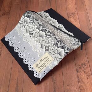 四六判カバー/ブラック/綿麻キャンバス/レース付き/ブックカバー/ハンドメイド