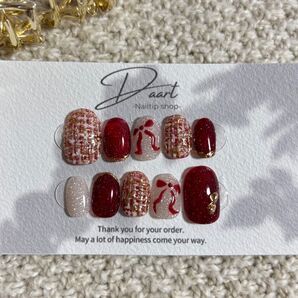 ツイード×レッド 現品 フラッシュネイル ツイード リボン 大人可愛い キラキラ ゴールド