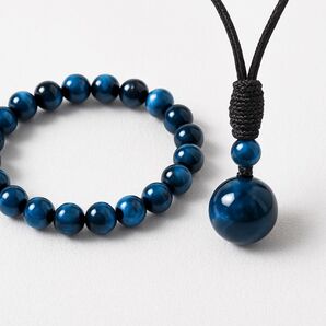 【2個セット】ブルータイガーアイ ネックレス(12mm)&ブレスレット(8mm) / 天然石ペンダント ロイヤルブルー