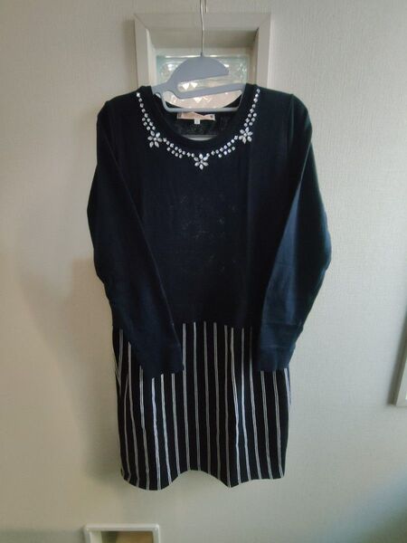 ワールド ピンクアドベ チュニック 異素材切替え ワンピース 長袖 ビジュー ストライプ 黒 ストレッチ M