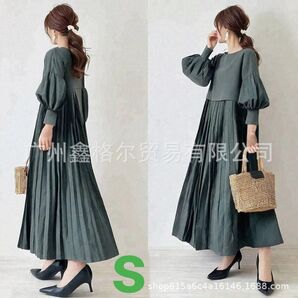 バルーンスリーブ プリーツ ワンピース ロング丈 レディース 体型カバー フレア 長袖 春 秋 冬 s