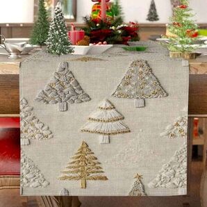 テーブルランナー もみの木 刺繍風 クリスマスツリー リネン 北欧 33×183 テーブルクロス パーティー 室内装飾