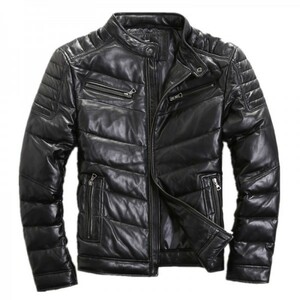 デザインジャケット　スリム　　新品　本革　XLサイズ　羊革　　ダウンジャケット　ブラック