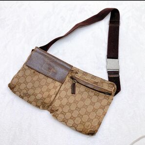 GUCCI グッチ ウエストポーチ GGキャンバス ウエストバッグ レザー 茶色 ショルダーバッグ