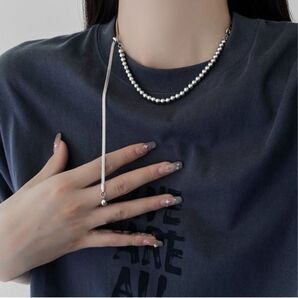 ロング ネックレス ループタイ シルバー ボールチェーン ラリエット ステンレス