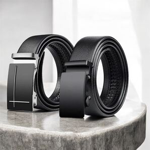 オートロック 穴なし ベルト ビジネス 学生 黒 ブラック レザー調 2本