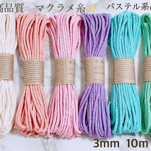 高品質 マクラメ糸 3mm 10m 6本セット パステル6色