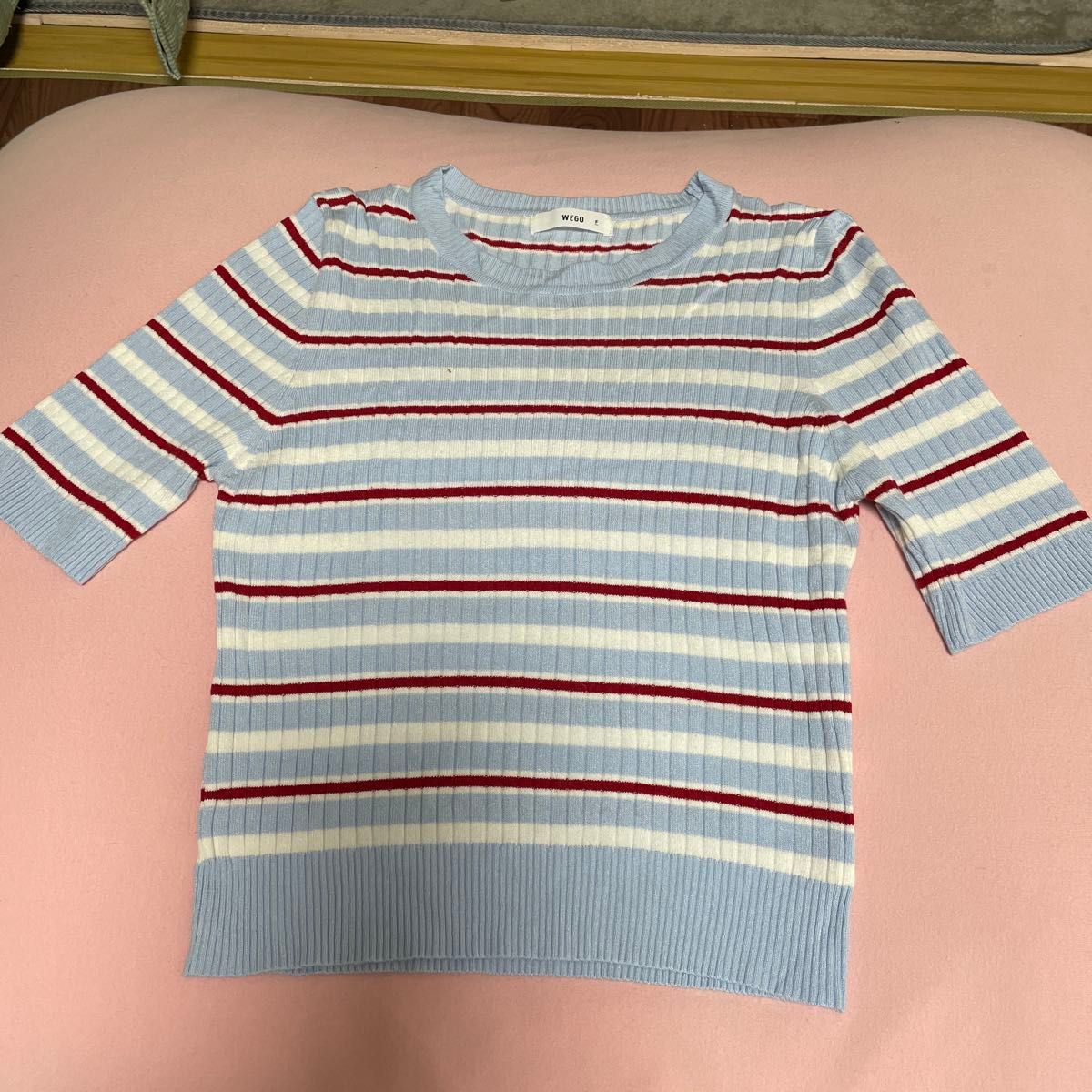 WEGO ボーダーリブニットトップス ブルー レッド ホワイト