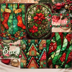 【セール対象】クリスマス・ステンドグラス・アート②デザインペーパー10枚コラージュ