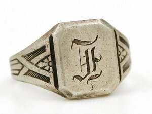 30s40s Vintage silver made square sig net ring signet gothic initial a-ru deco antique ring 