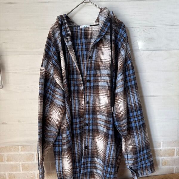 フード付きチェックシャツ チェック柄 コットン 長袖 オーバーサイズ ゆったり 可愛い カジュアル ブルー