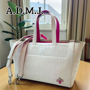 A.D.M.J. クロコ型押し ミツバチモチーフ ショーントート レザー エーディーエムジェイ ハンドバッグ 2way ショルダー