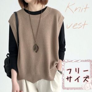 大人気 モカ ニットベスト ジレ ゆったり 体型カバー 大人韓国風 着回し 透かし編み 着痩せ