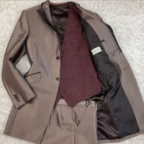 タキシード フロックコート パンツ ベスト 4点セット ブロンズ ブラウン ストライプ 結婚式 蝶ネクタイ フォーマル