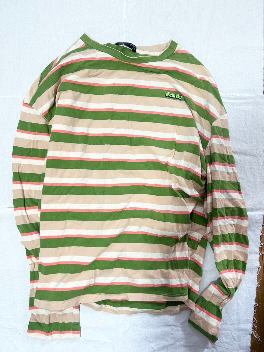 SHEIN 緑 ピンク ボーダー 長袖 Tシャツ レディース L