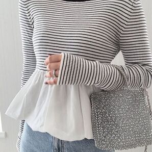 裾バルーンドッキングニット ボーダー 長袖 ニット カットソー coca ぺプラムトップス 裾フリル ドッキングニットトップス
