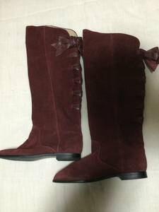 C8876*MODE*KAORI*L size * suede wine red braided up back ribbon long boots * made in Japan 