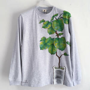 Art hand Auction Hand-painted umbellata pattern sleeve ribbed long T-shirt M long sleeve houseplant botanical long T-shirt, T-shirt, long sleeve, M size