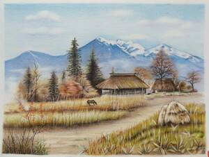 Art hand Auction Colored Pencil Drawing/Landscape Painting/Rural Landscape Rural Landscape (165×223) Painting Used Frame Included, artwork, painting, pencil drawing, charcoal drawing