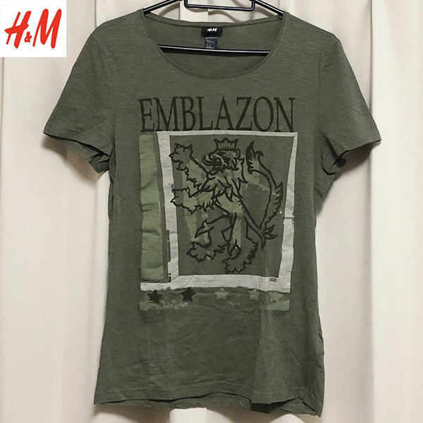 送料無料 H&M エイチアンドエム カットソー 半袖 Tシャツ カーキ S オリーブ ミリタリー アーミー ワーク ユーロ ヴィンテージ