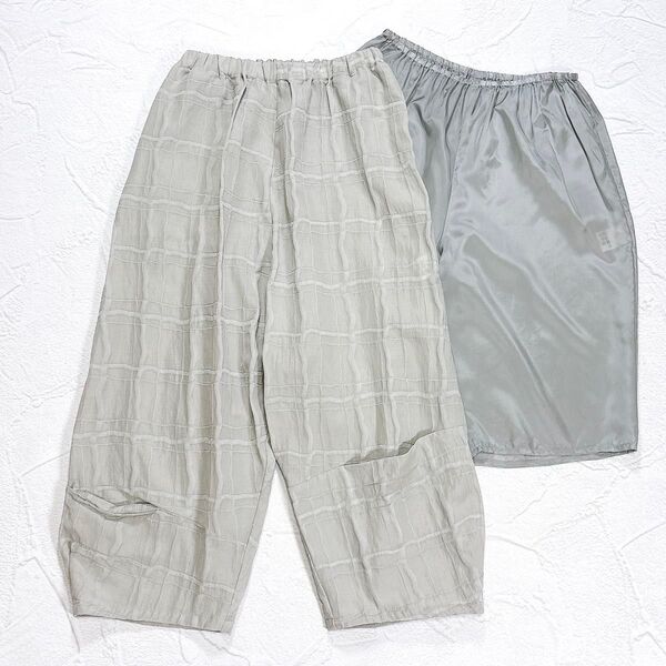 美品 2024年 芽風 センソユニコ サルエルパンツ ペチコート付き 格子柄 イージーパンツ バルーンパンツ ワイドパンツ グレー