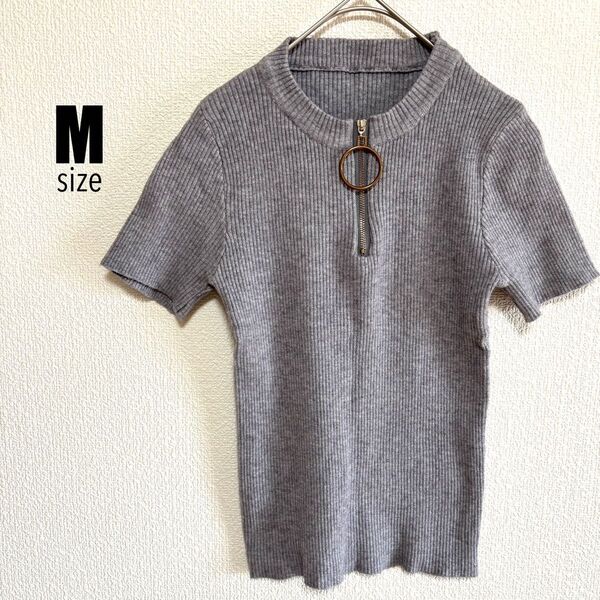 ジッパー付きリブTシャツ レディース Tシャツ 半袖 グレー M カットソー トップス グレー 半袖
