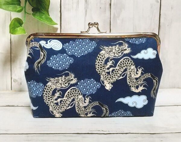 角型 がま口ポーチ 通帳ケース 小物入れ 多目的ポーチ 和柄 龍 ドラゴン